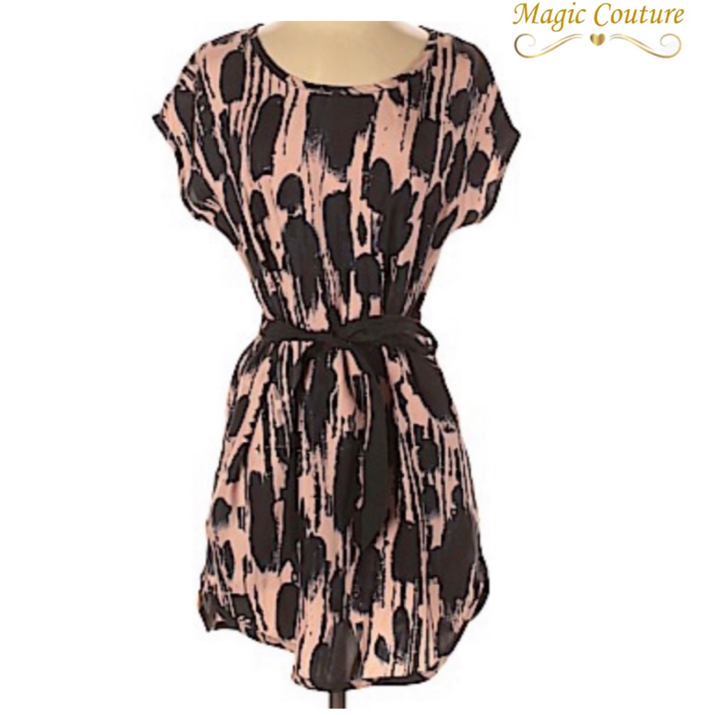 Aqua Bloomingdales Silk Pink & Black Tie Waist Dress